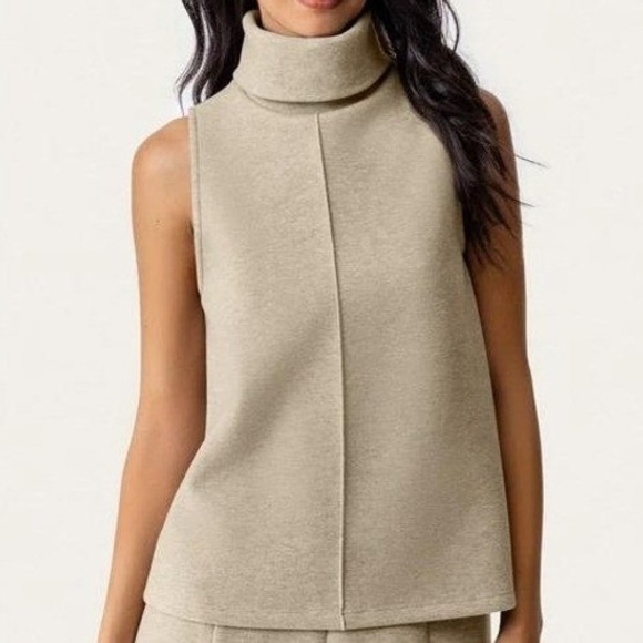OGL FuzzLuxe Turtleneck Sleeveless Split Hem Top Sz M Heather Morganite Neutral - Picture 2 of 9